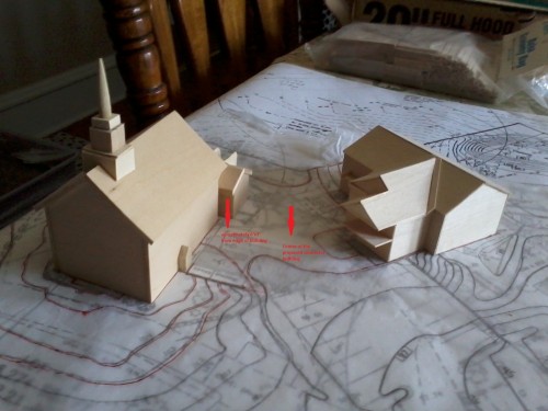 Hover over picture to scroll images

The first stages of the model with existing church and hall